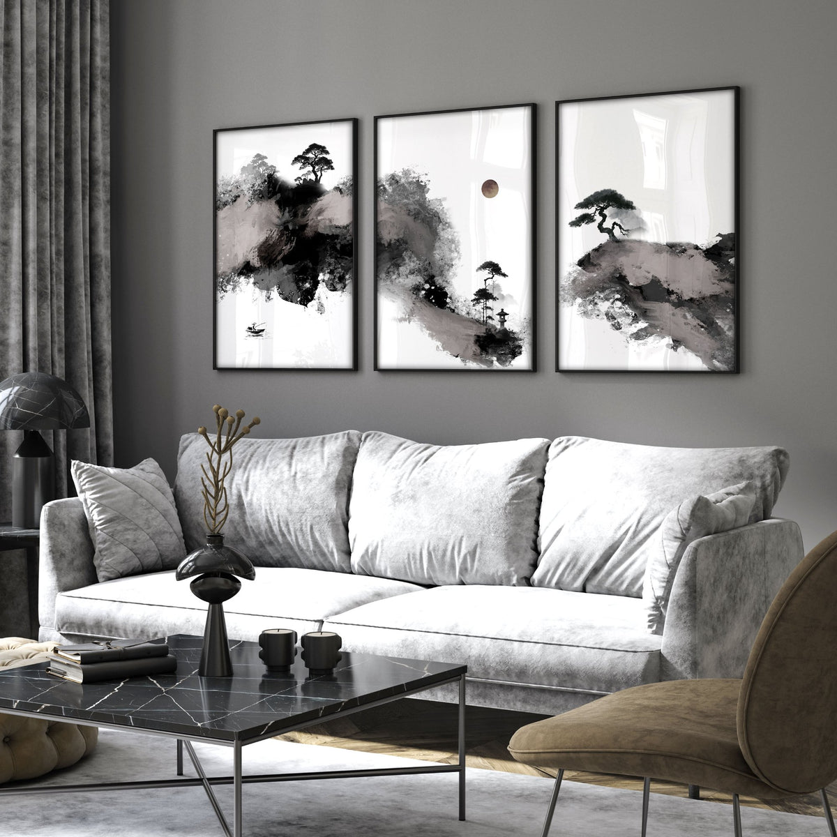 Big Painting for Living Room Japanese Ink Landscape wall art displayed on a wall in a styled room — view 4