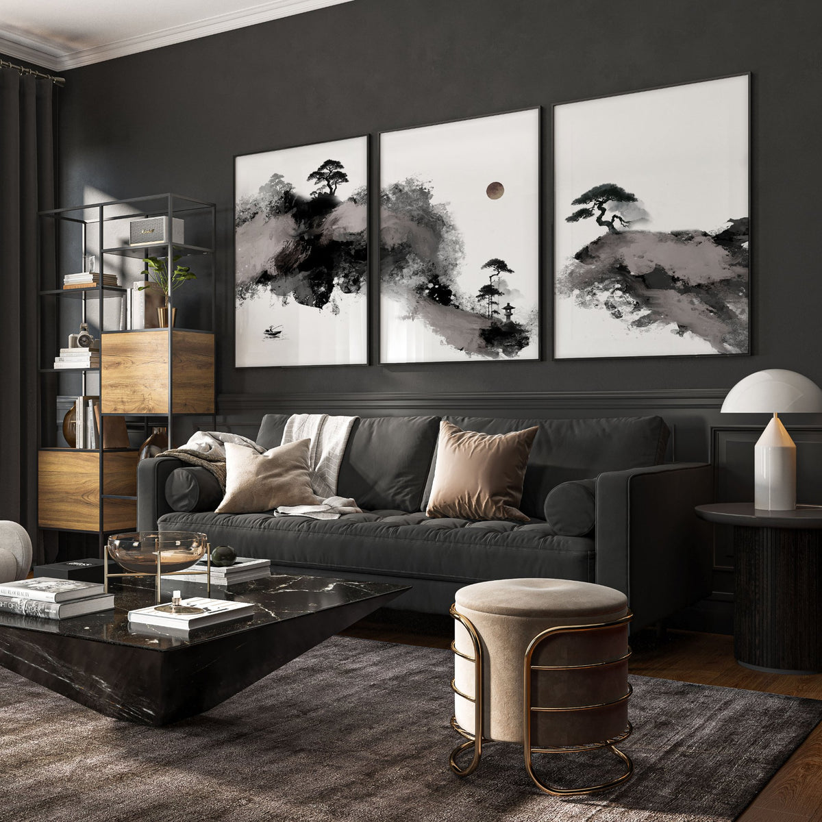 Big Painting for Living Room Japanese Ink Landscape wall art displayed on a wall in a styled room — view 7