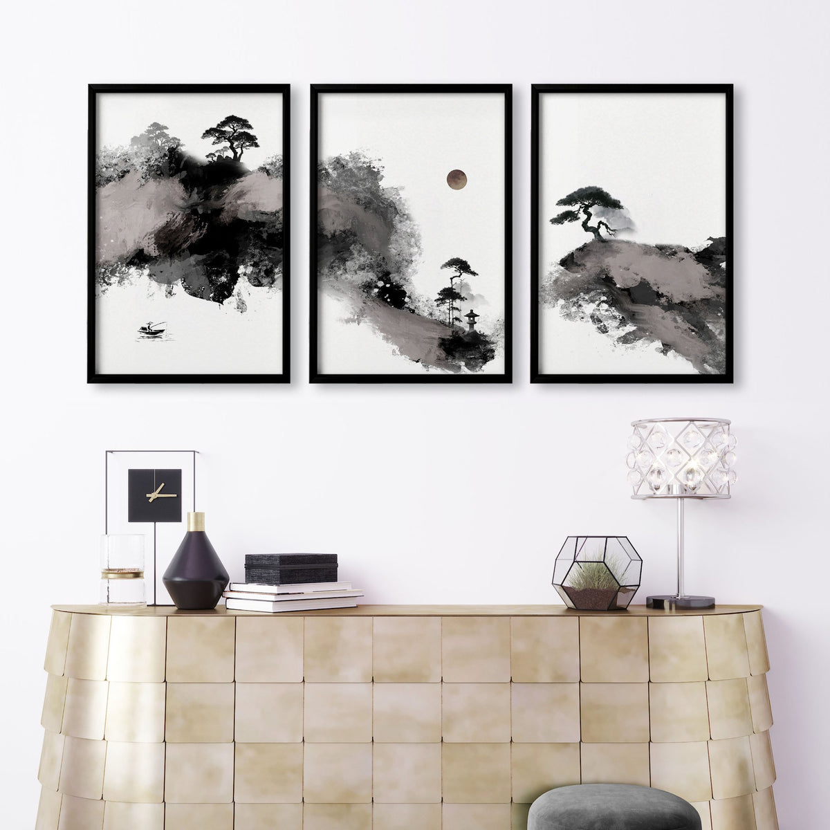 Big Painting for Living Room Japanese Ink Landscape wall art displayed on a wall in a styled room — view 9