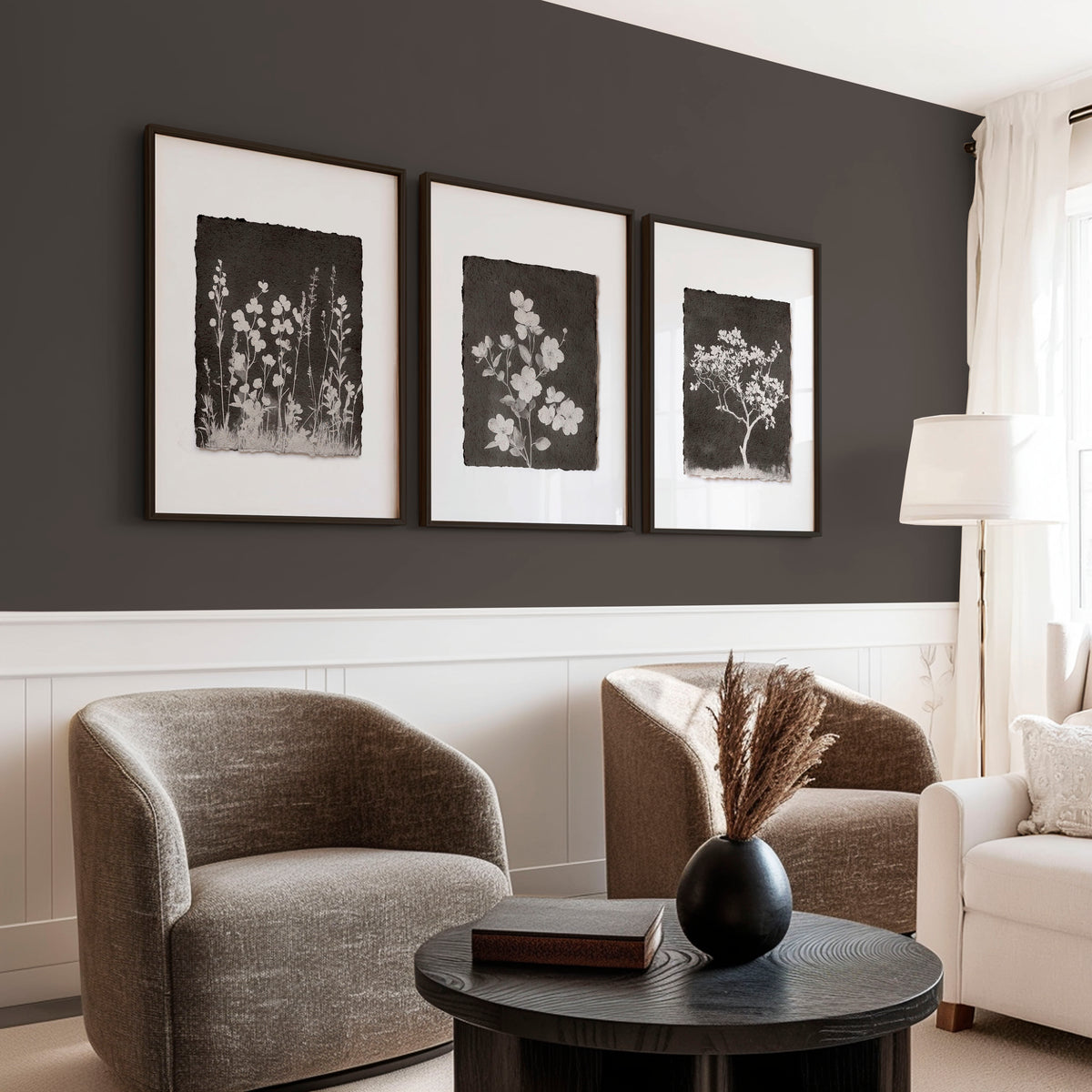 Big Wall Art for Living Room French Country Botanical Dark Floral White Wildflowers displayed on a wall in a styled room