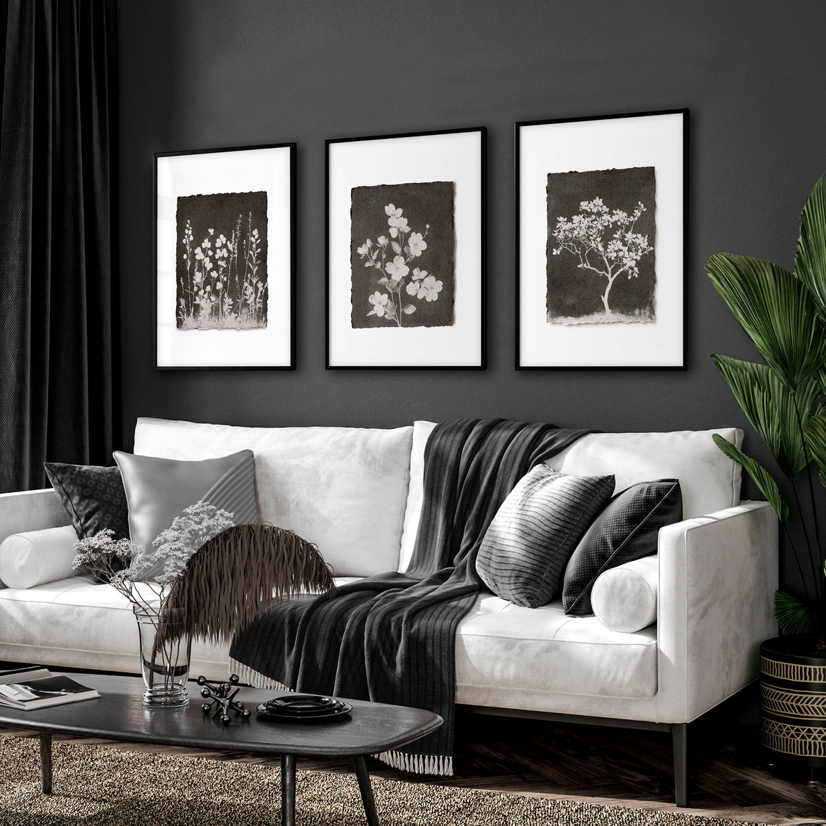 Big Wall Art for Living Room French Country Botanical Dark Floral White Wildflowers displayed on a wall in a styled room — view 10