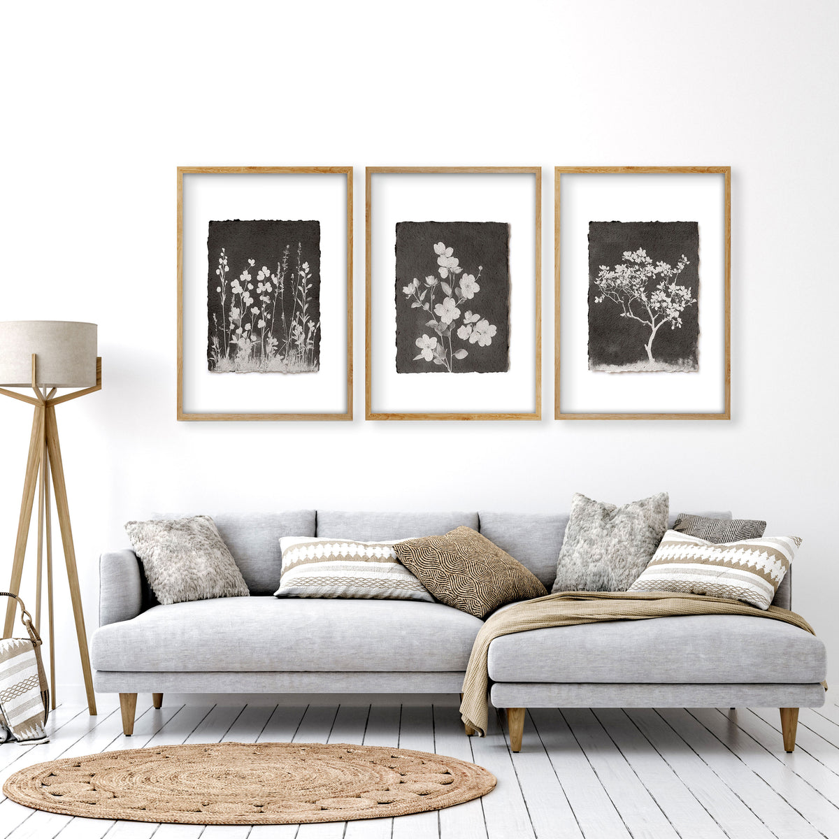 Big Wall Art for Living Room French Country Botanical Dark Floral White Wildflowers displayed on a wall in a styled room — view 11