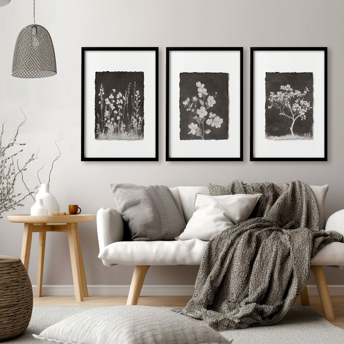 Big Wall Art for Living Room French Country Botanical Dark Floral White Wildflowers displayed on a wall in a styled room — view 13