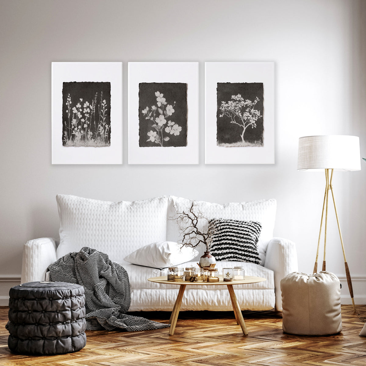 Big Wall Art for Living Room French Country Botanical Dark Floral White Wildflowers displayed on a wall in a styled room — view 14
