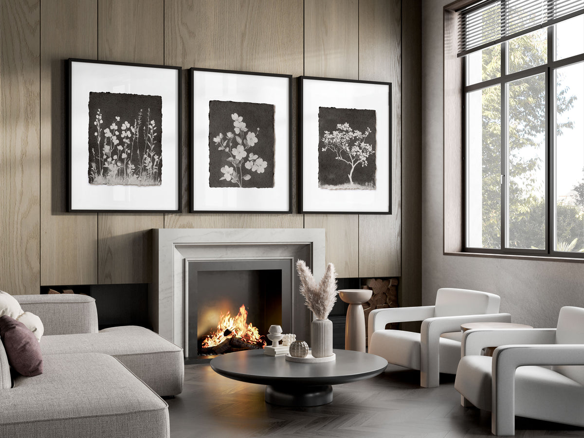 Big Wall Art for Living Room French Country Botanical Dark Floral White Wildflowers displayed on a wall in a styled room — view 15