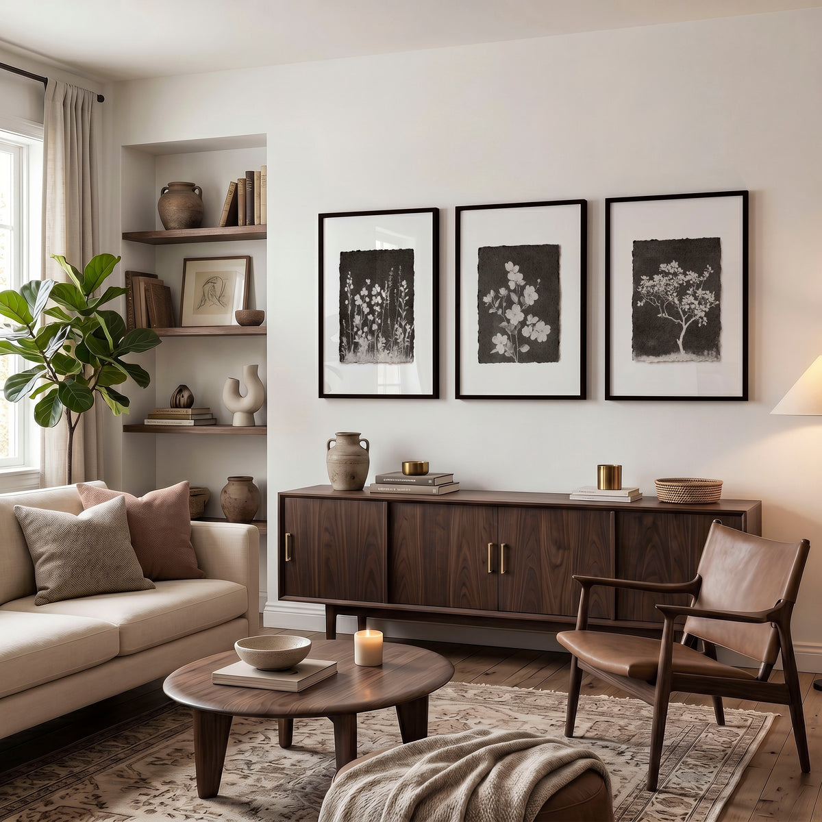 Big Wall Art for Living Room French Country Botanical Dark Floral White Wildflowers displayed on a wall in a styled room — view 3