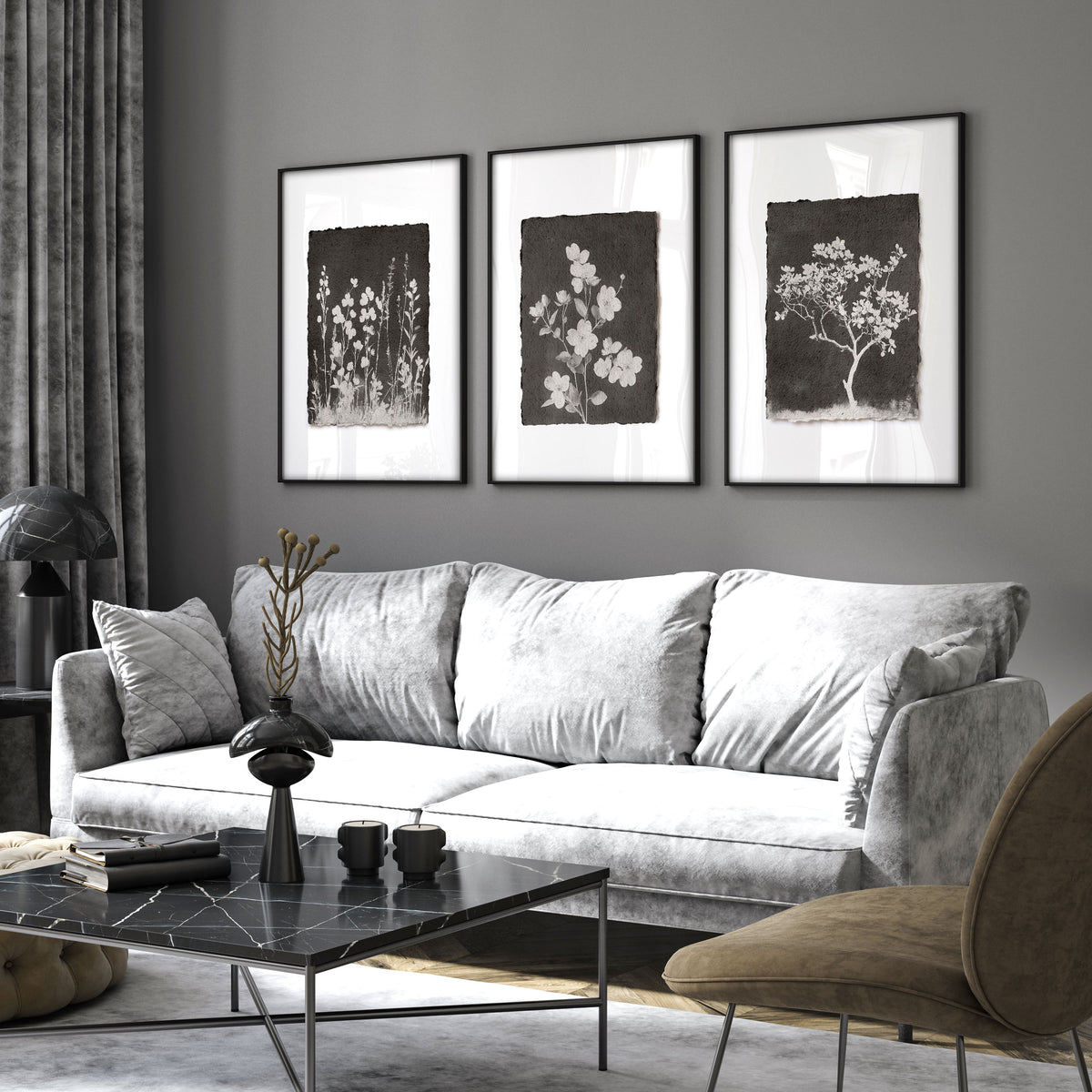 Big Wall Art for Living Room French Country Botanical Dark Floral White Wildflowers displayed on a wall in a styled room — view 4