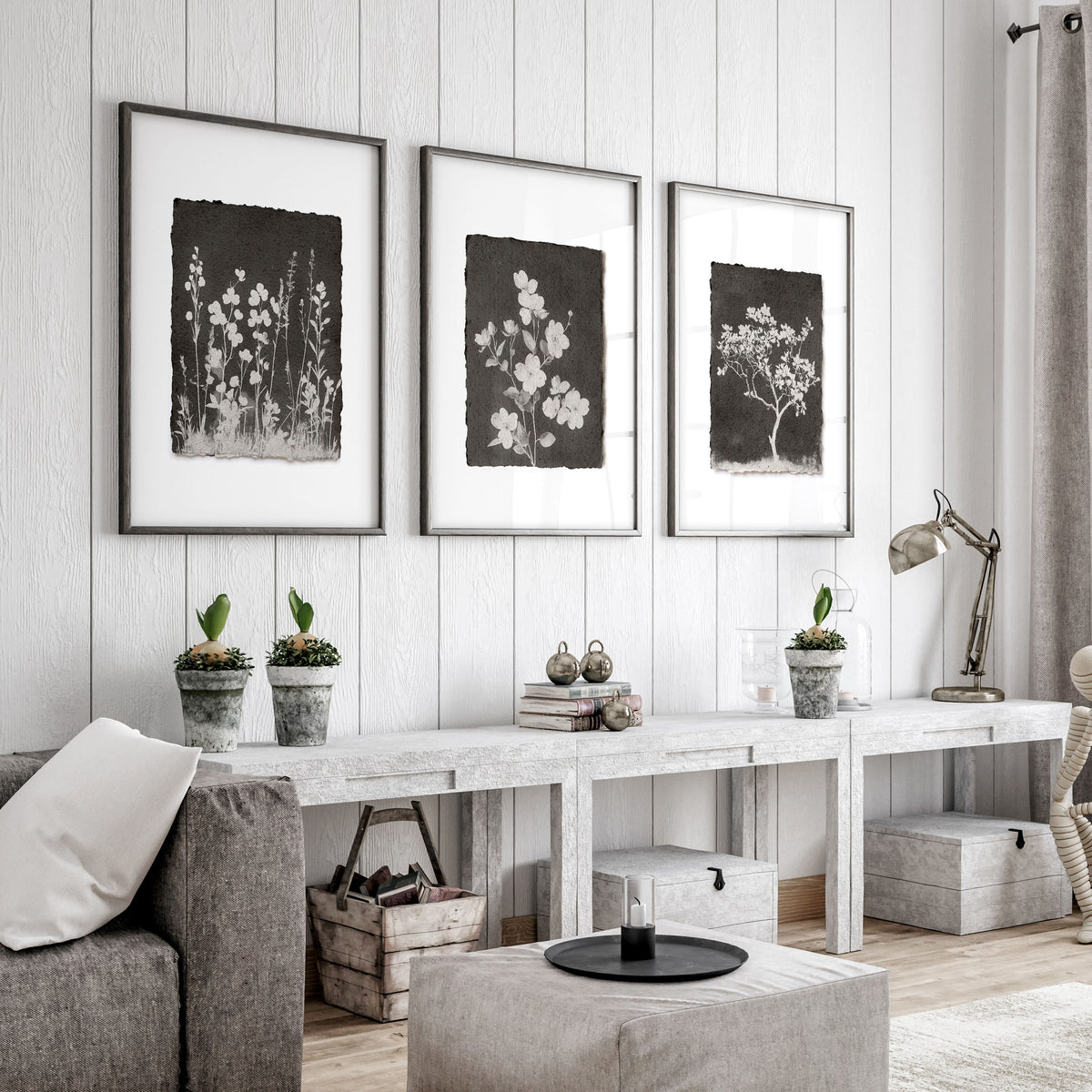 Big Wall Art for Living Room French Country Botanical Dark Floral White Wildflowers displayed on a wall in a styled room — view 5