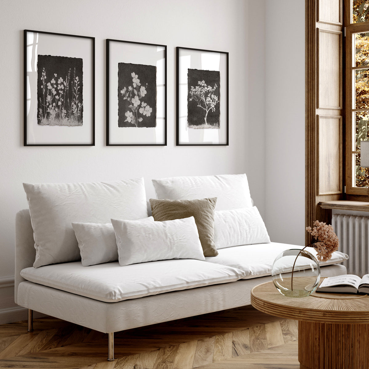 Big Wall Art for Living Room French Country Botanical Dark Floral White Wildflowers displayed on a wall in a styled room — view 6