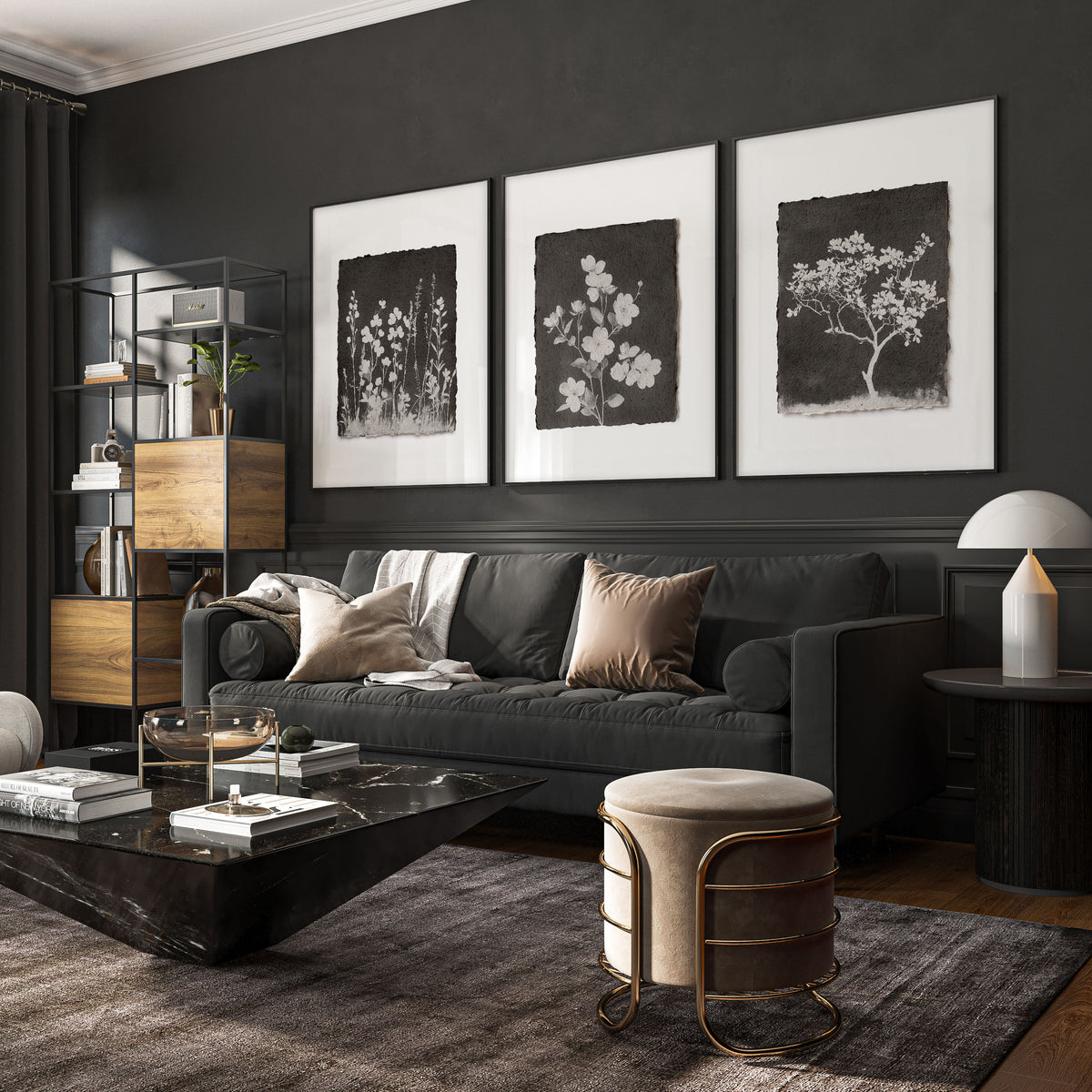 Big Wall Art for Living Room French Country Botanical Dark Floral White Wildflowers displayed on a wall in a styled room — view 7
