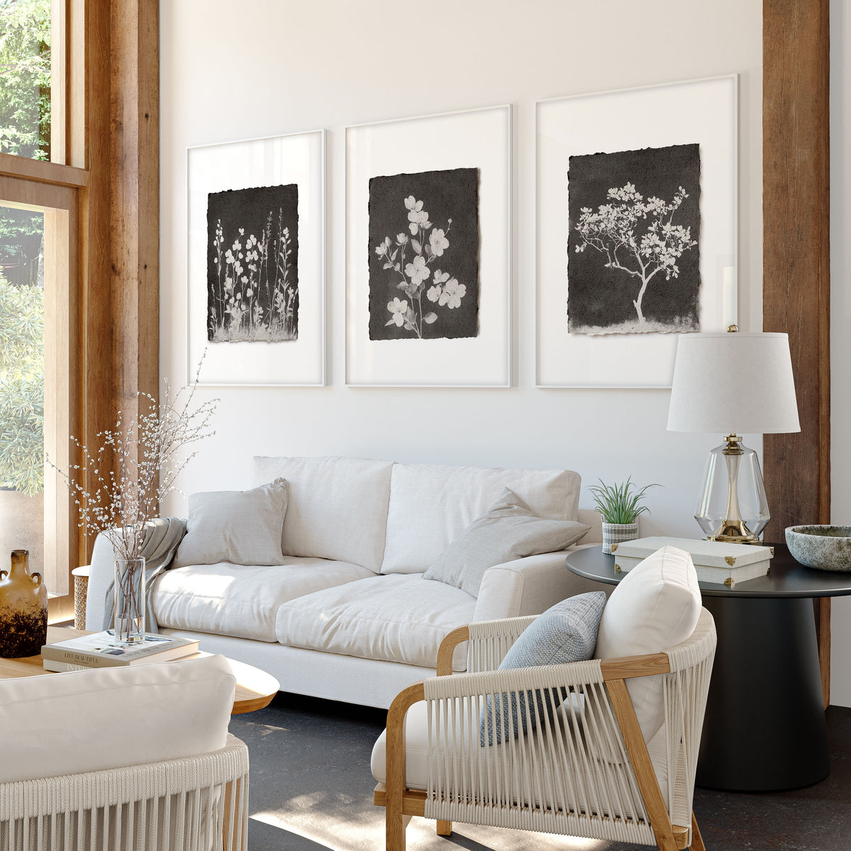 Big Wall Art for Living Room French Country Botanical Dark Floral White Wildflowers displayed on a wall in a styled room — view 8