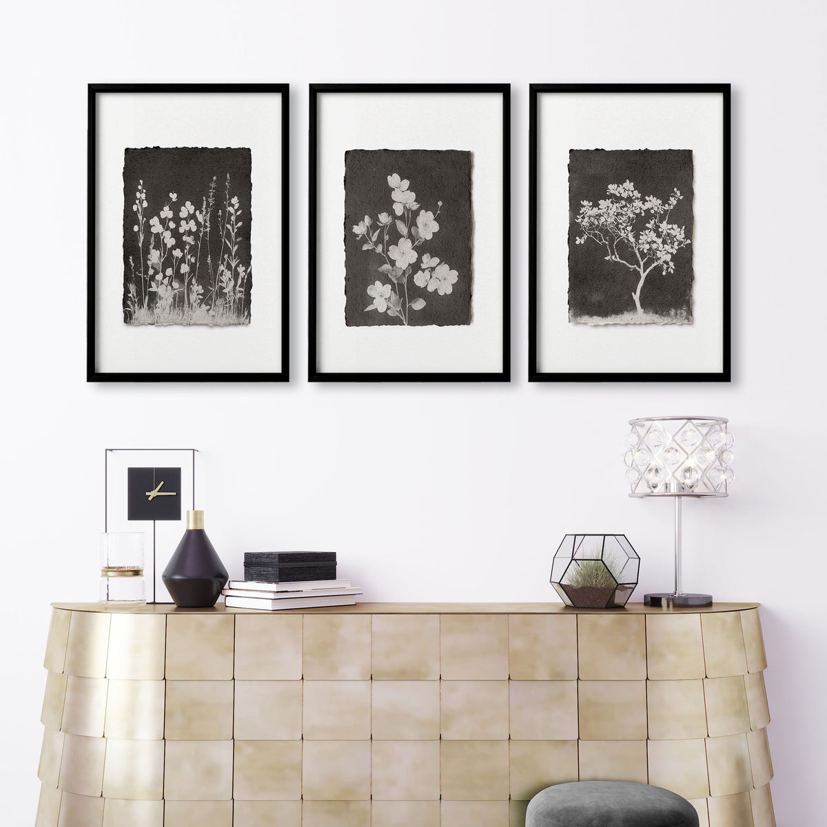 Big Wall Art for Living Room French Country Botanical Dark Floral White Wildflowers displayed on a wall in a styled room — view 9