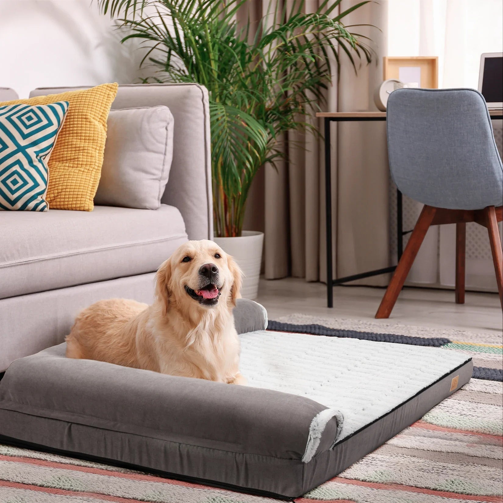 BigngoPaw Heavy Duty Dog Bed for Large Medium Super Soft L - shape Pet Calming Bed Chaise Sofa Kennel Mat w/ Removable Plush Cover