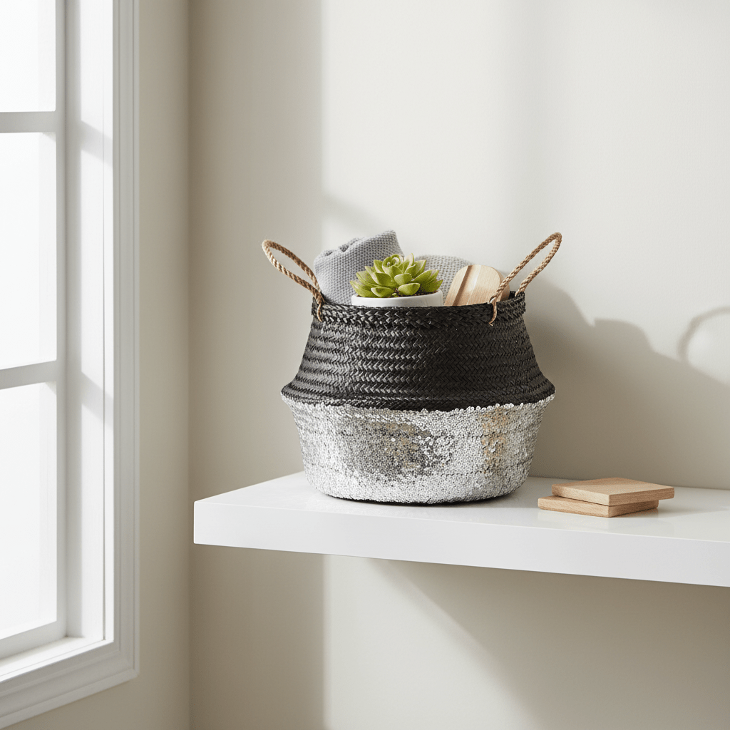Black And Silver Medium Seagrass Basket