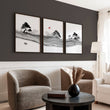 Black and White Artwork Japanese Ink Landscape with Red Sun wall art displayed on a wall in a styled room