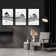 Black and White Artwork Japanese Ink Landscape with Red Sun wall art displayed on a wall in a styled room — view 2
