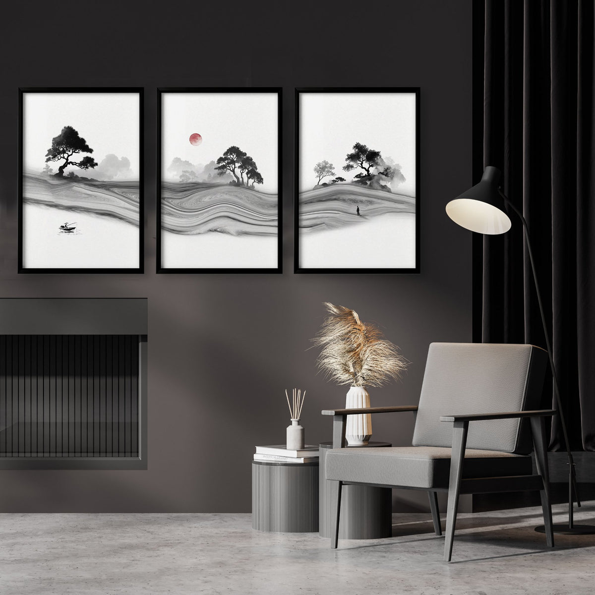 Black and White Artwork Japanese Ink Landscape with Red Sun wall art displayed on a wall in a styled room — view 2
