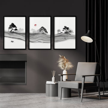 Black and White Artwork Japanese Ink Landscape with Red Sun wall art displayed on a wall in a styled room — view 2