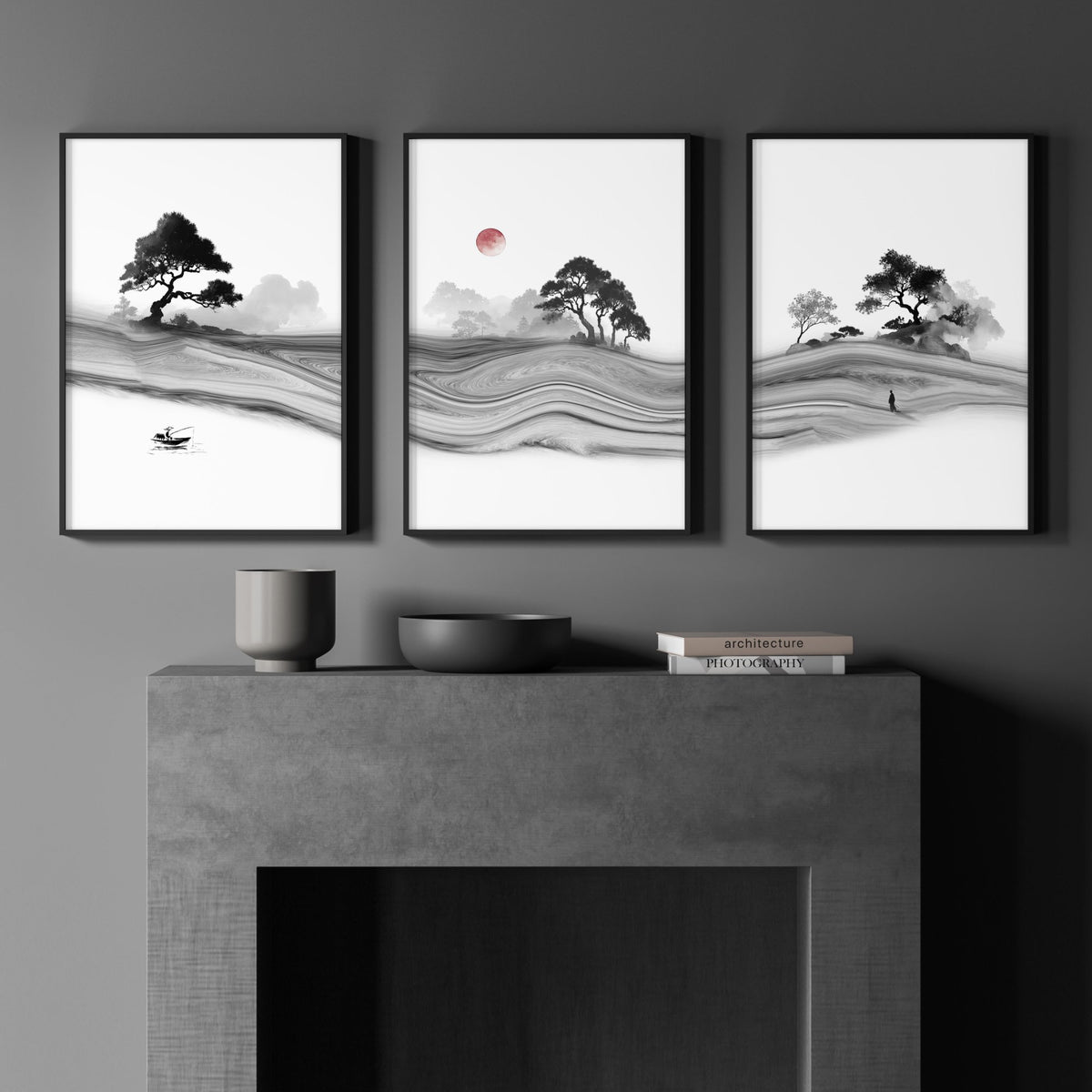 Black and White Artwork Japanese Ink Landscape with Red Sun wall art displayed on a wall in a styled room — view 3