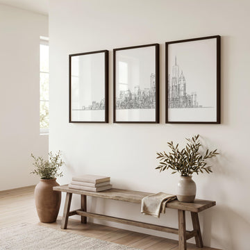 Black and White Canvas New York Skyline Line Art Skyscraper wall art displayed on a wall in a styled room — view 2