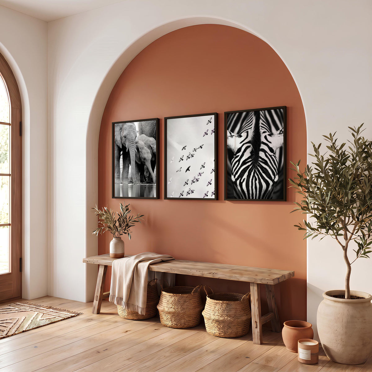 Black and White Photography Wildlife wall art | Elephants, Birds & Zebra displayed on a wall in a styled room — view 10