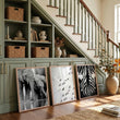Black and White Photography Wildlife wall art | Elephants, Birds & Zebra displayed on a wall in a styled room — view 3
