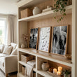 Black and White Photography Wildlife wall art | Elephants, Birds & Zebra displayed on a wall in a styled room — view 4