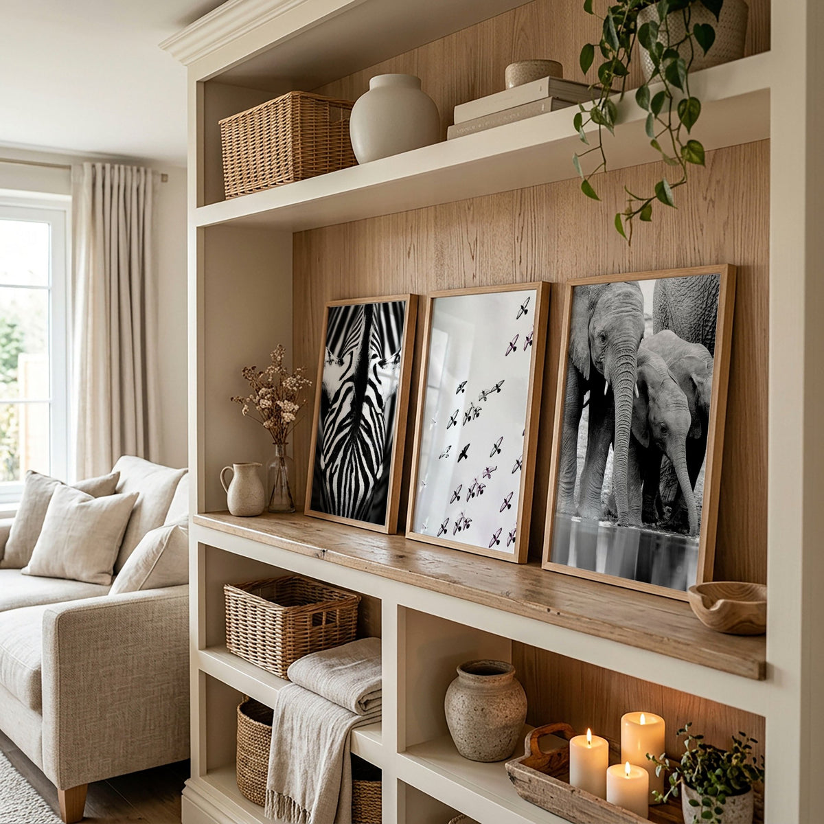 Black and White Photography Wildlife wall art | Elephants, Birds & Zebra displayed on a wall in a styled room — view 4