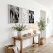 Black and White Photography Wildlife wall art | Elephants, Birds & Zebra displayed on a wall in a styled room — view 5