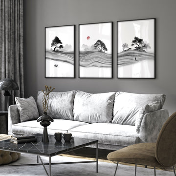 Black and White wall art for Living Room | Japanese Ink Landscape with Red Moon displayed on a wall in a styled room