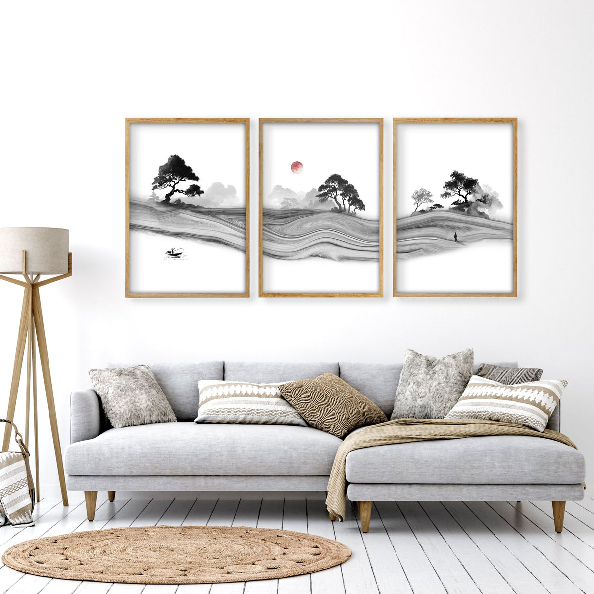 Black and White wall art for Living Room | Japanese Ink Landscape with Red Moon displayed on a wall in a styled room — view 10