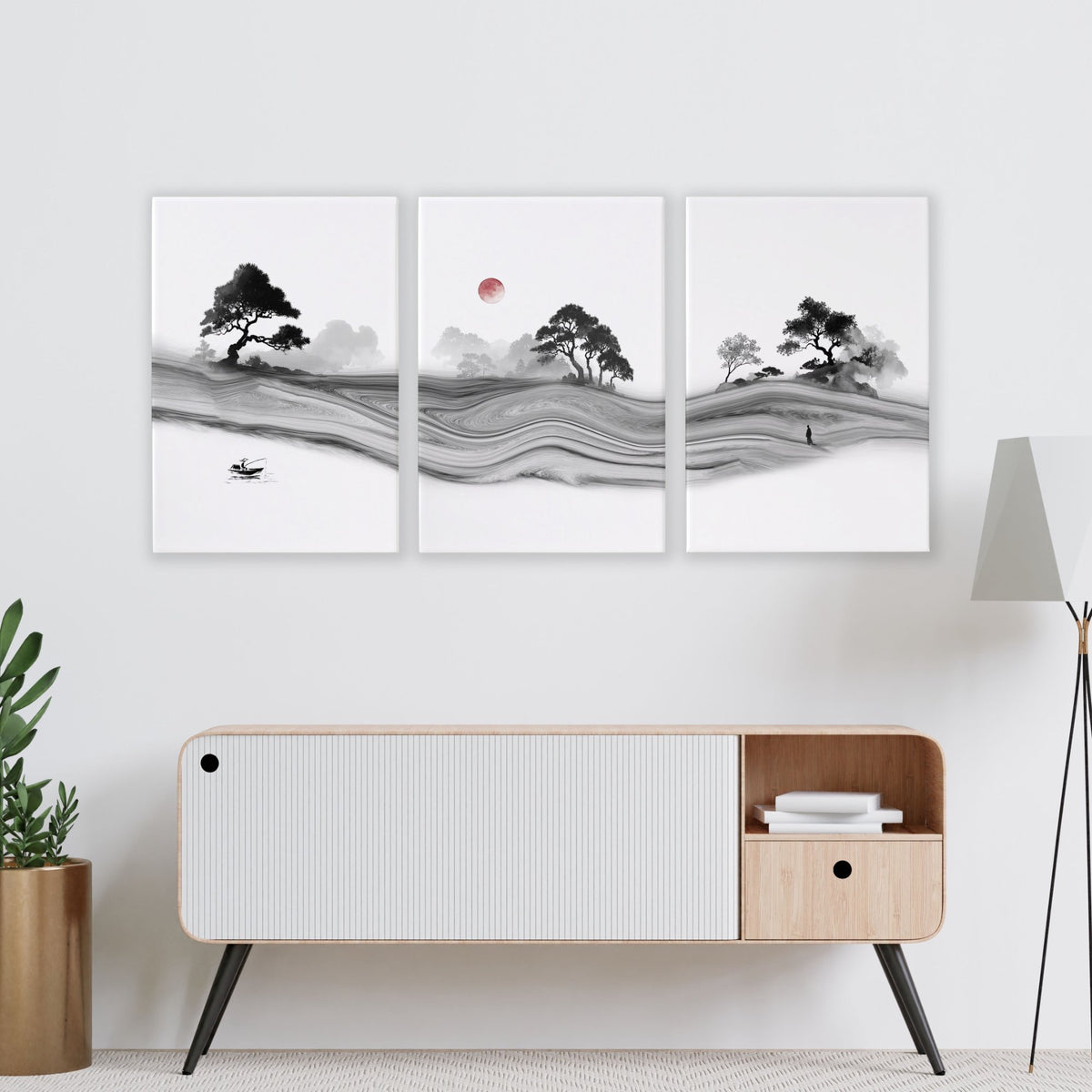 Black and White wall art for Living Room | Japanese Ink Landscape with Red Moon displayed on a wall in a styled room — view 11