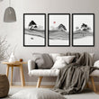 Black and White wall art for Living Room | Japanese Ink Landscape with Red Moon displayed on a wall in a styled room — view 12