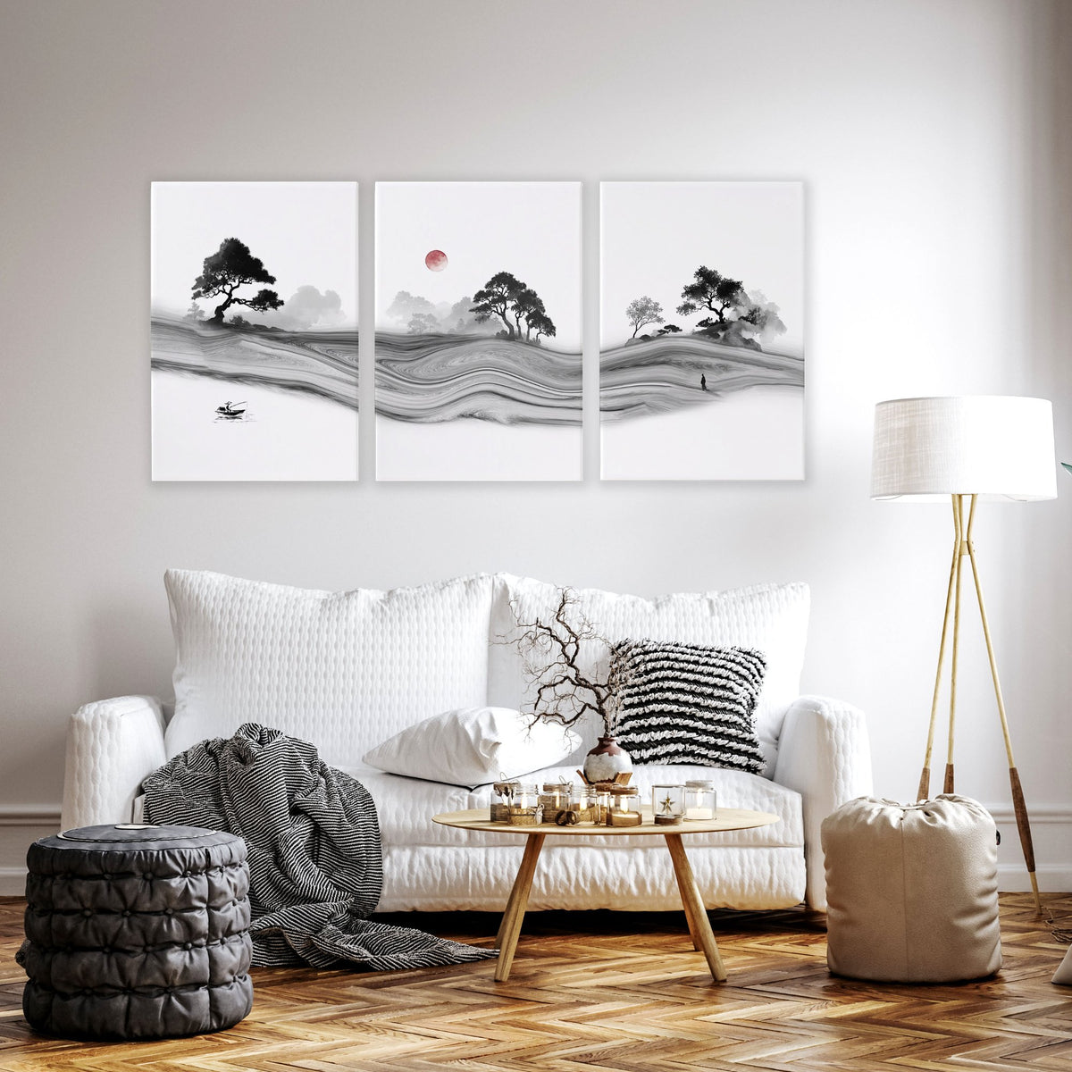 Black and White wall art for Living Room | Japanese Ink Landscape with Red Moon displayed on a wall in a styled room — view 13
