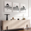 Black and White wall art for Living Room | Japanese Ink Landscape with Red Moon displayed on a wall in a styled room — view 14