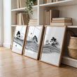 Black and White wall art for Living Room | Japanese Ink Landscape with Red Moon displayed on a wall in a styled room — view 2