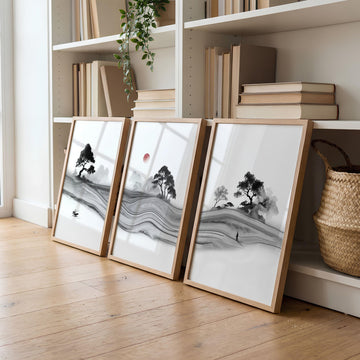 Black and White wall art for Living Room | Japanese Ink Landscape with Red Moon displayed on a wall in a styled room — view 2