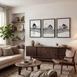 Black and White wall art for Living Room | Japanese Ink Landscape with Red Moon displayed on a wall in a styled room — view 3