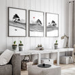 Black and White wall art for Living Room | Japanese Ink Landscape with Red Moon displayed on a wall in a styled room — view 4