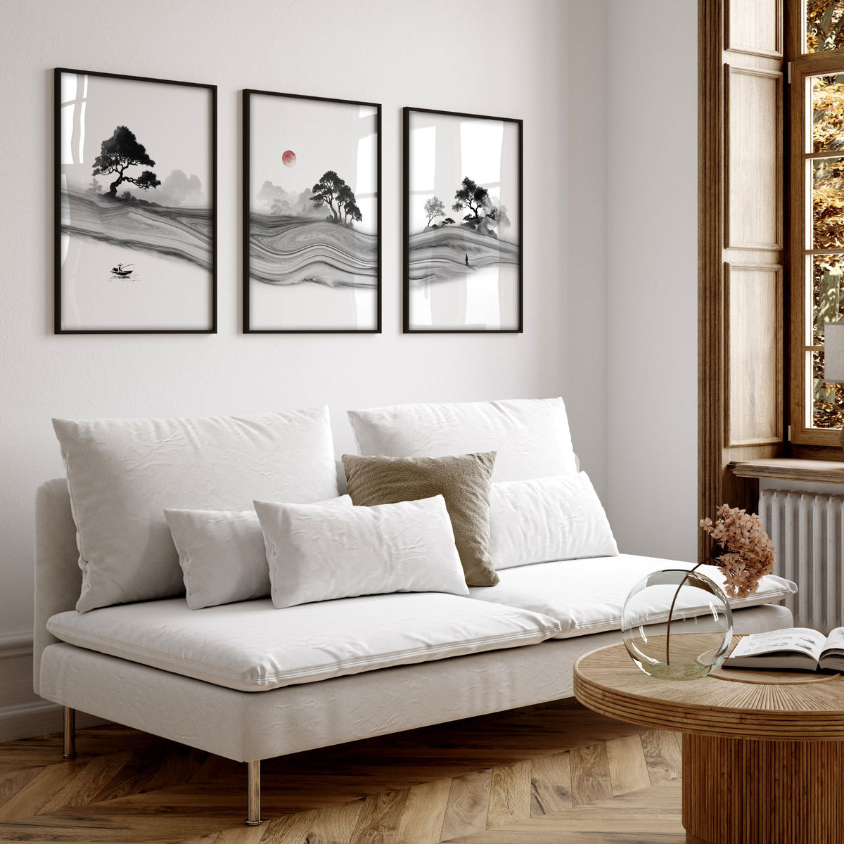 Black and White wall art for Living Room | Japanese Ink Landscape with Red Moon displayed on a wall in a styled room — view 5