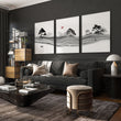 Black and White wall art for Living Room | Japanese Ink Landscape with Red Moon displayed on a wall in a styled room — view 6
