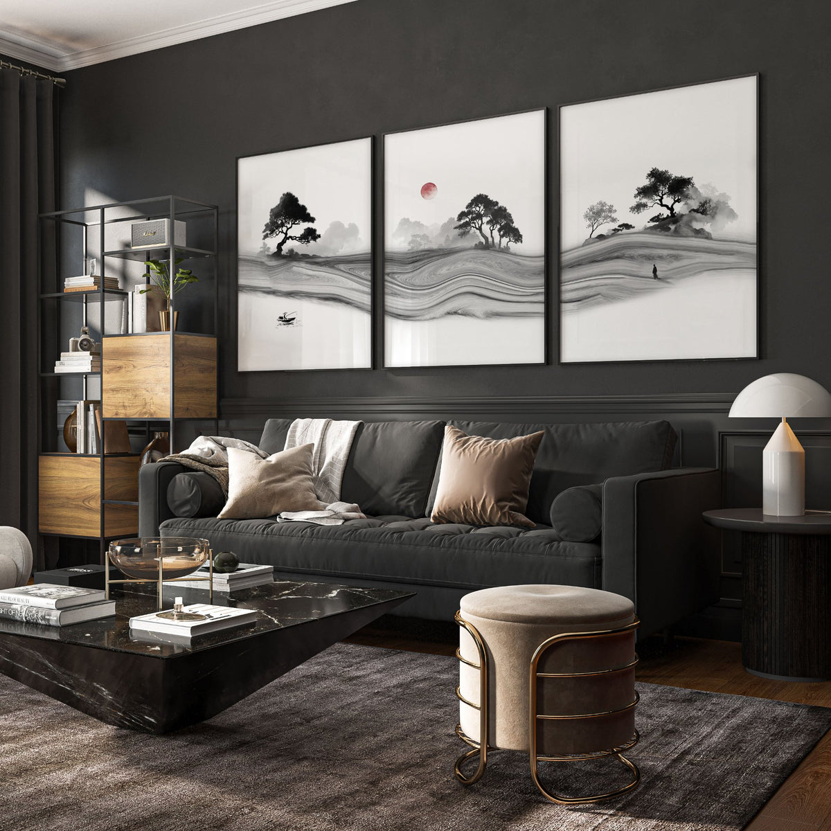 Black and White wall art for Living Room | Japanese Ink Landscape with Red Moon displayed on a wall in a styled room — view 6