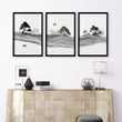 Black and White wall art for Living Room | Japanese Ink Landscape with Red Moon displayed on a wall in a styled room — view 8