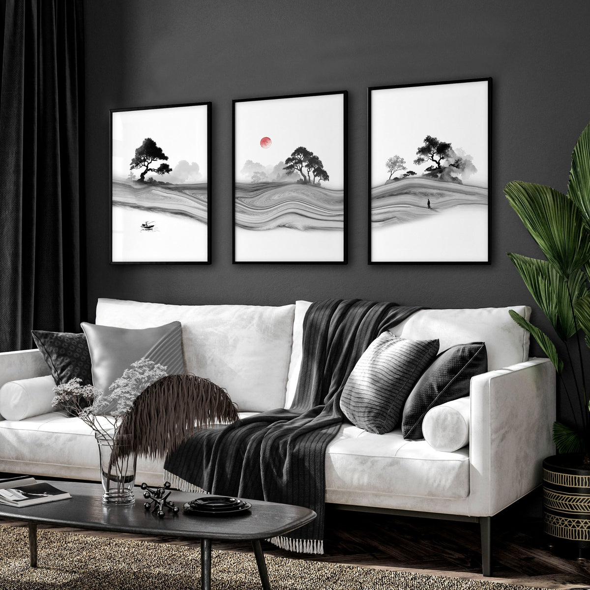 Black and White wall art for Living Room | Japanese Ink Landscape with Red Moon displayed on a wall in a styled room — view 9
