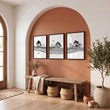 Black and White wall art Japandi Ink Landscape with Red Sun displayed on a wall in a styled room — view 10