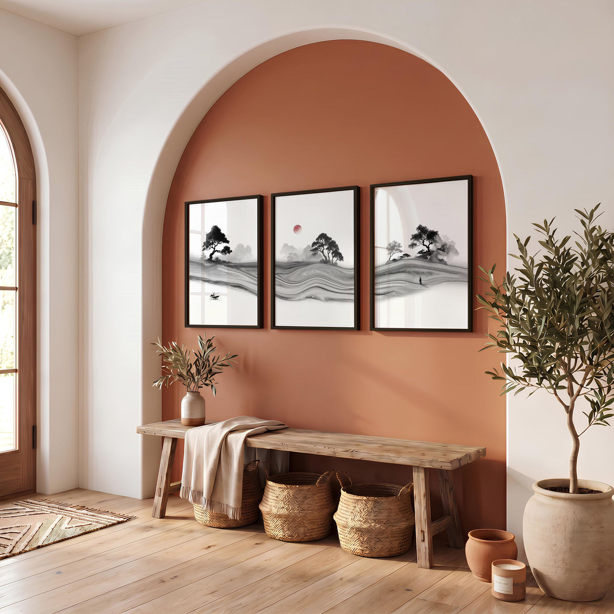 Black and White wall art Japandi Ink Landscape with Red Sun displayed on a wall in a styled room — view 10