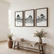 Black and White wall art Japandi Ink Landscape with Red Sun displayed on a wall in a styled room — view 2
