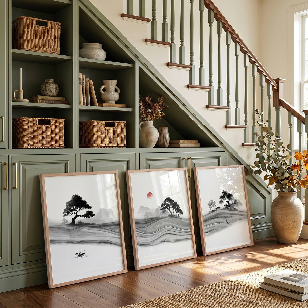 Black and White wall art Japandi Ink Landscape with Red Sun displayed on a wall in a styled room — view 3