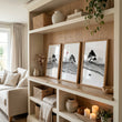 Black and White wall art Japandi Ink Landscape with Red Sun displayed on a wall in a styled room — view 4