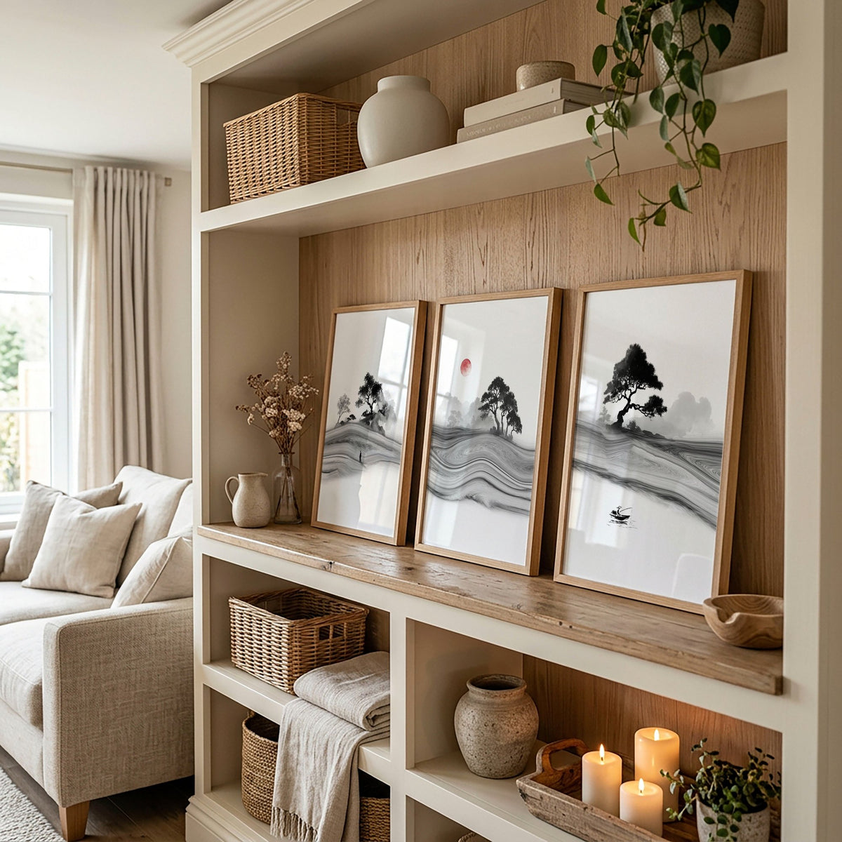 Black and White wall art Japandi Ink Landscape with Red Sun displayed on a wall in a styled room — view 4